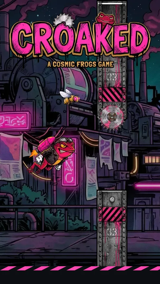 CROAKED gameplay: a jet-frog flying between saw-topped pillars